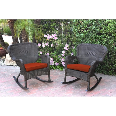 Jeco W00215-R-2-FS018 Windsor Espresso Resin Wicker Rocker Chair with Red Cushion, 2PK W00215-R_2-FS018